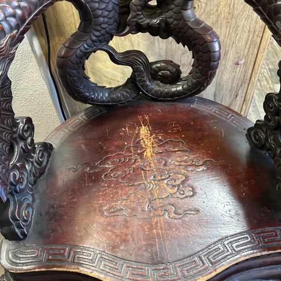 Late 19th century Chinese dragon carved armchair with medallion back 27"L x 21"W - Picture 4 of 12